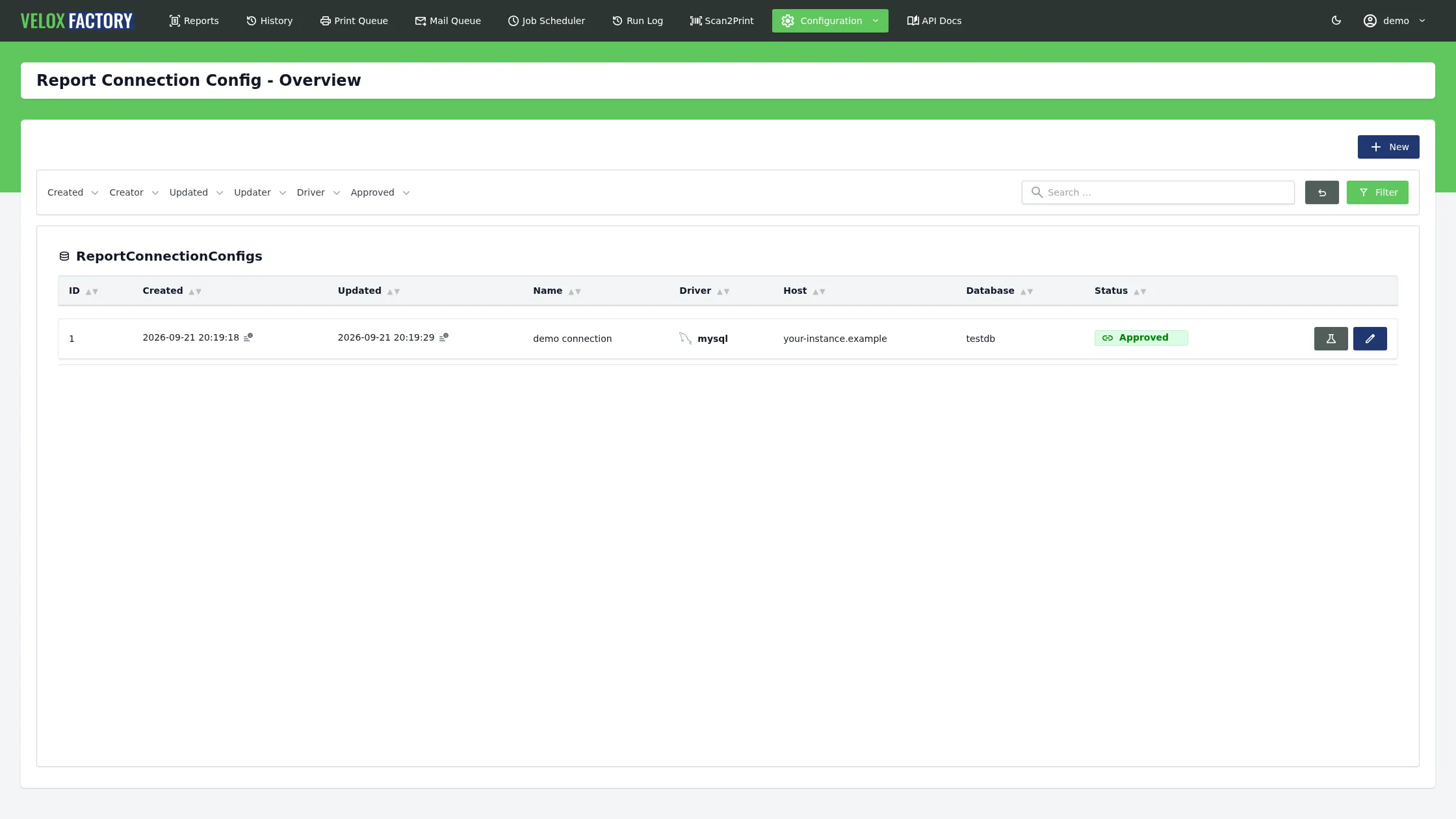 List of database connection configurations with their status