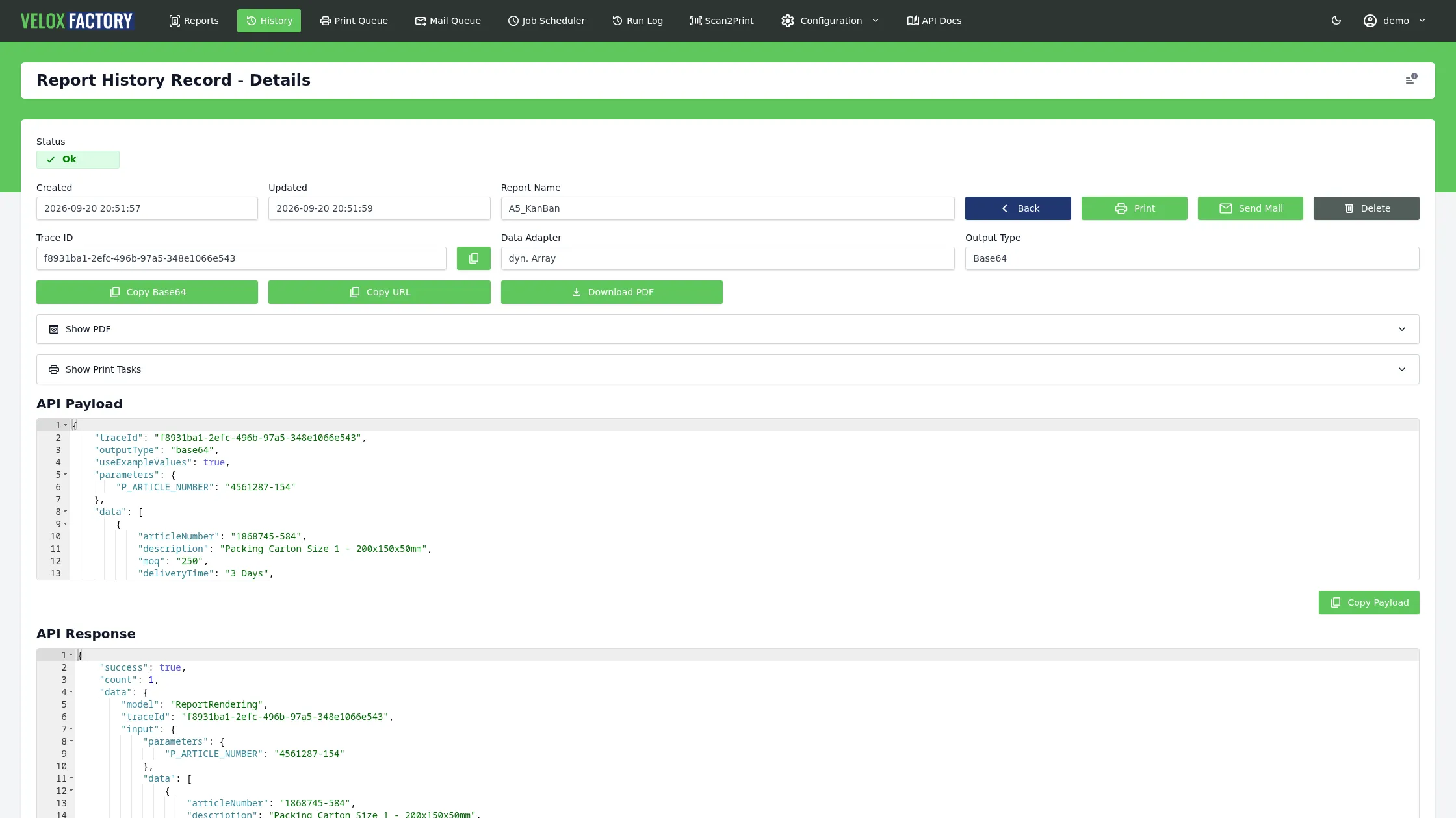 History record with request payload and PDF
