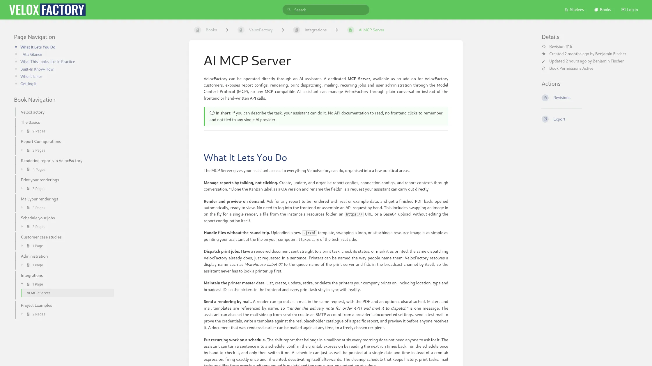 Documentation page of the MCP server with its tools