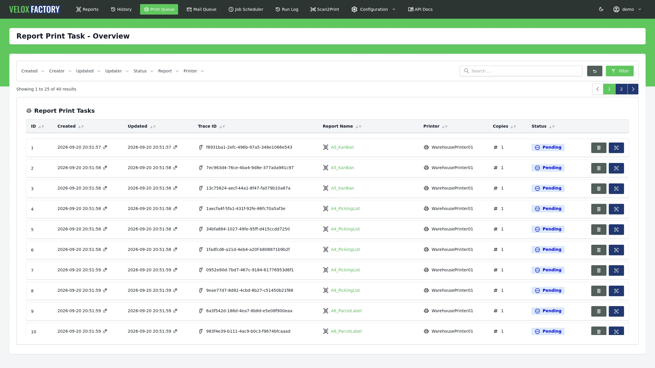 Print queue with status, copies and errors