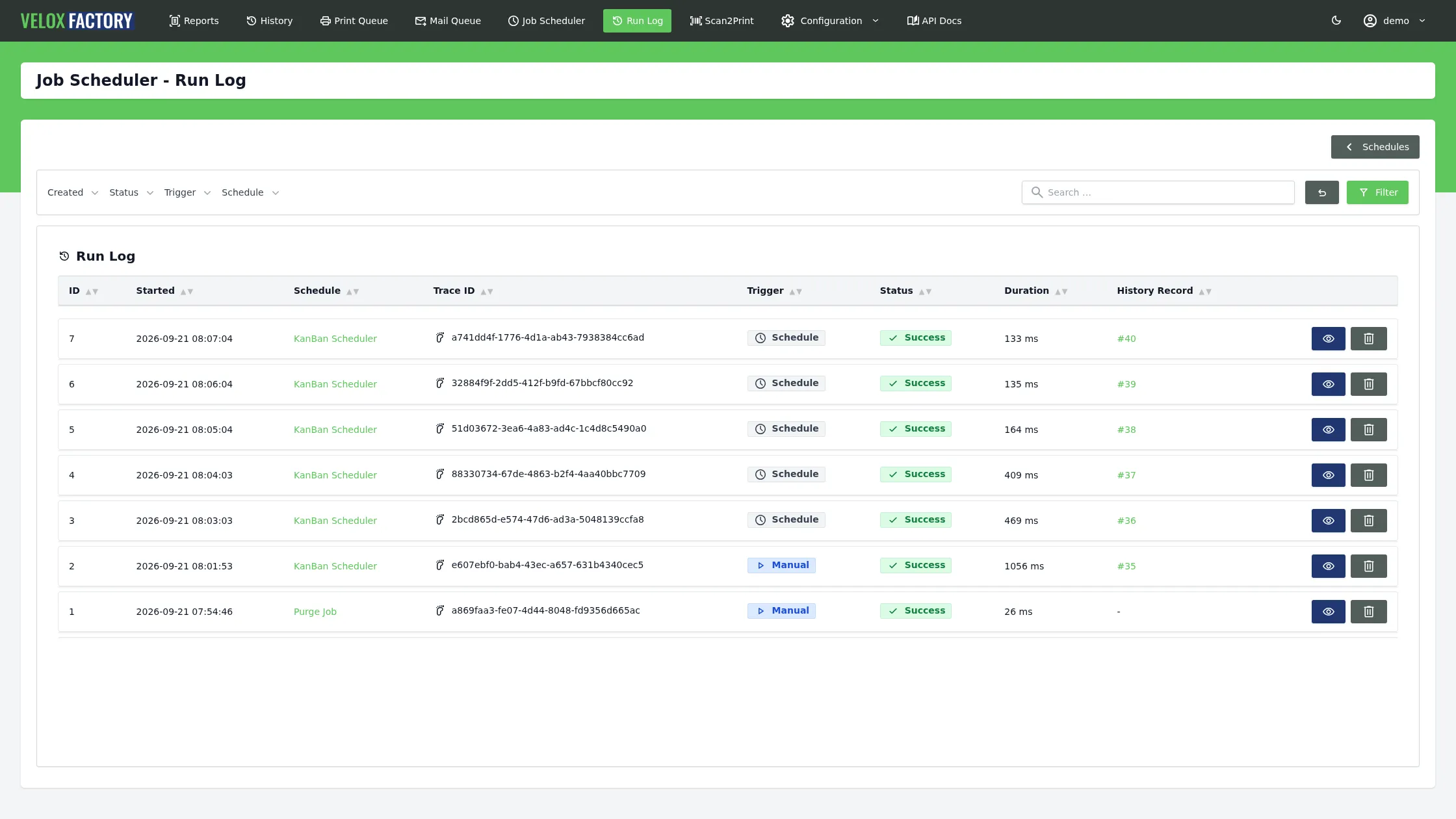 Run log of scheduled jobs with trace ids