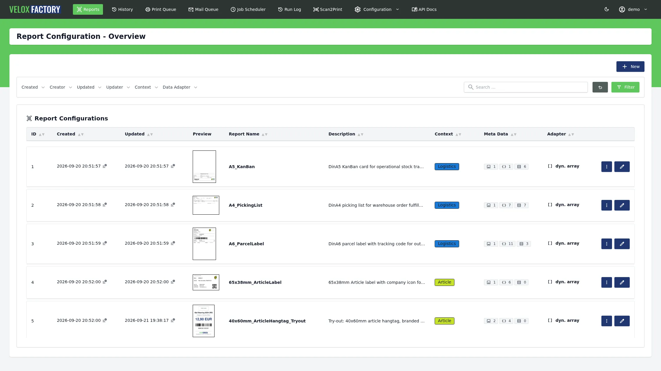 List of report templates